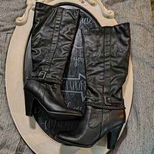 JustFab Sleek Black Heeled Boots with Chain Accent